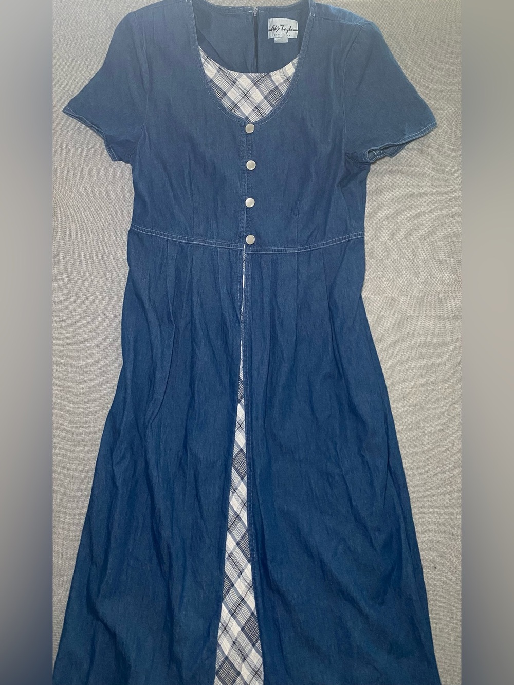 VTG Alix Taylor Blue Denim Maxi Dress Plaid Panels Grunge Cottagecore Women's 12